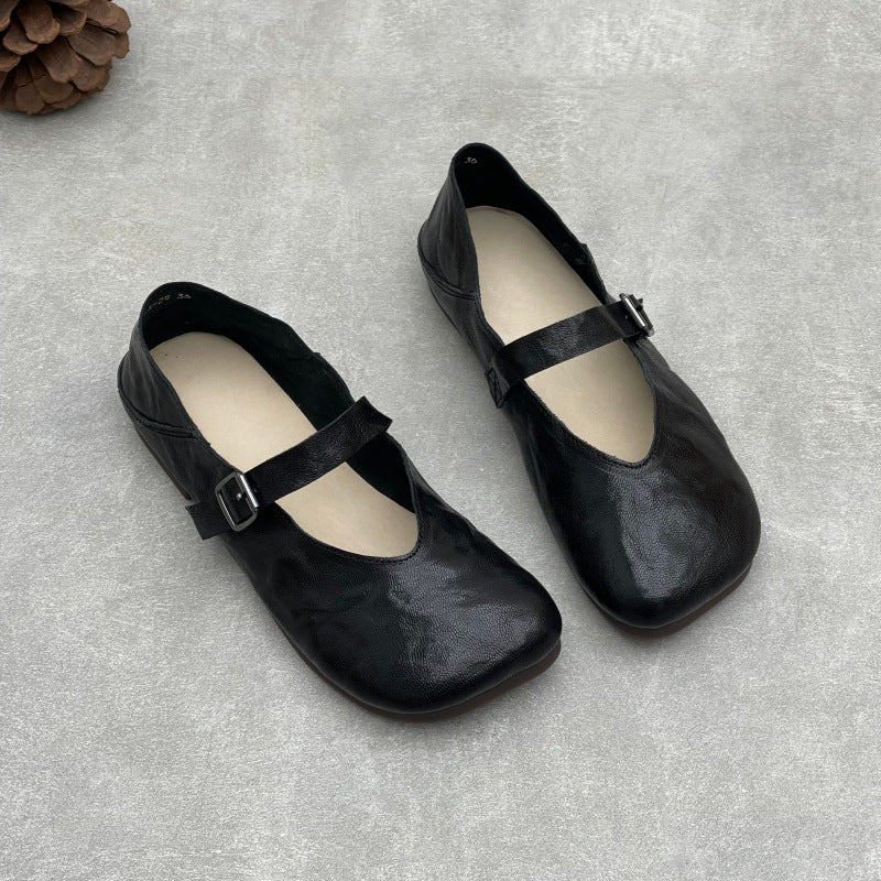 Women’s Handmade Sheepskin Mary Jane Flats – Square Toe V-Cut Comforta ...