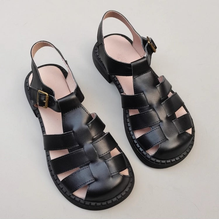 Women Summe Genuine Leather Weave Low Heel Sandals