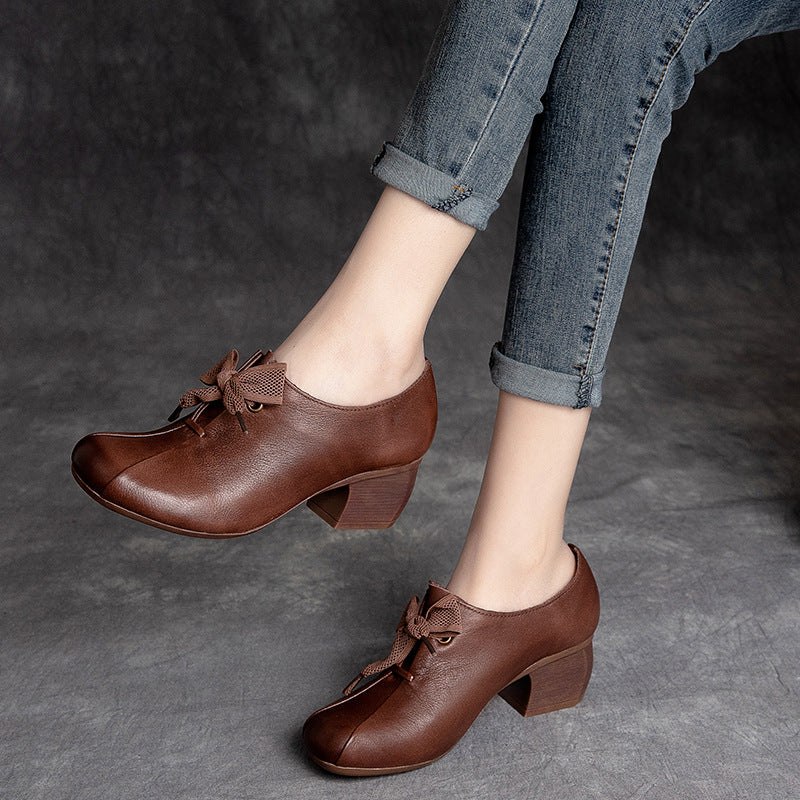 Women Vintage Soft Leather Spliced Low Heel Shoes