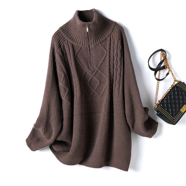 Women's Oversized Wool Sweater Thick Warm Knitted Pullover Turtleneck Zip Coat