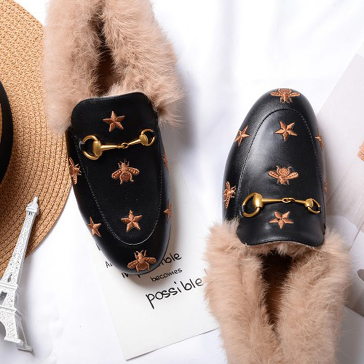 Women Horsebit Bee Star Embroidered Fur Loafers