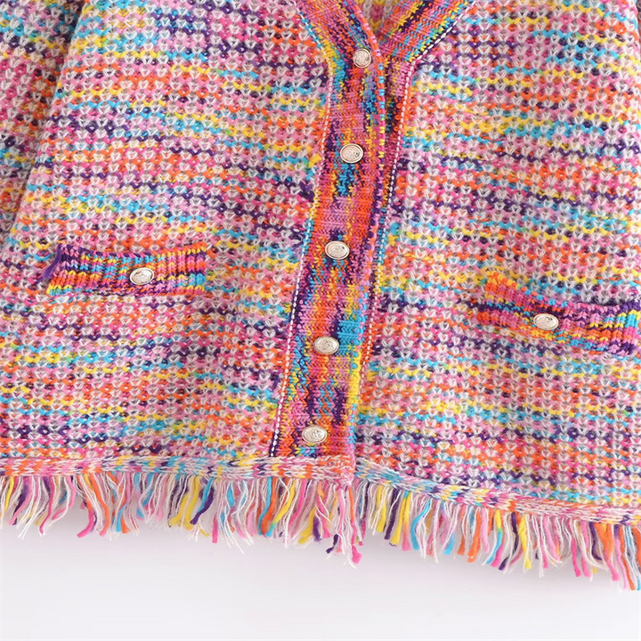 Rainbow Color Knitted Sweater Fringe Cardigan