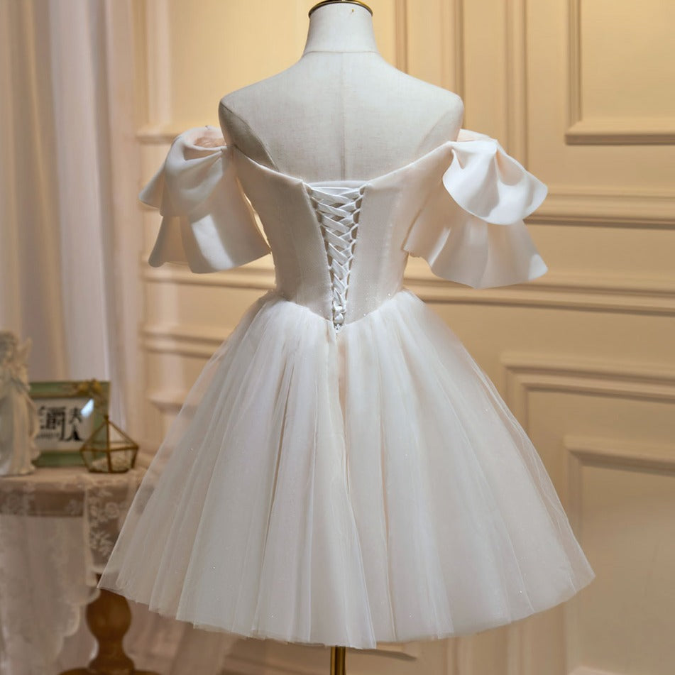 Mini/Short Beige Prom Dresses Tulle Lace Homecoming Dress