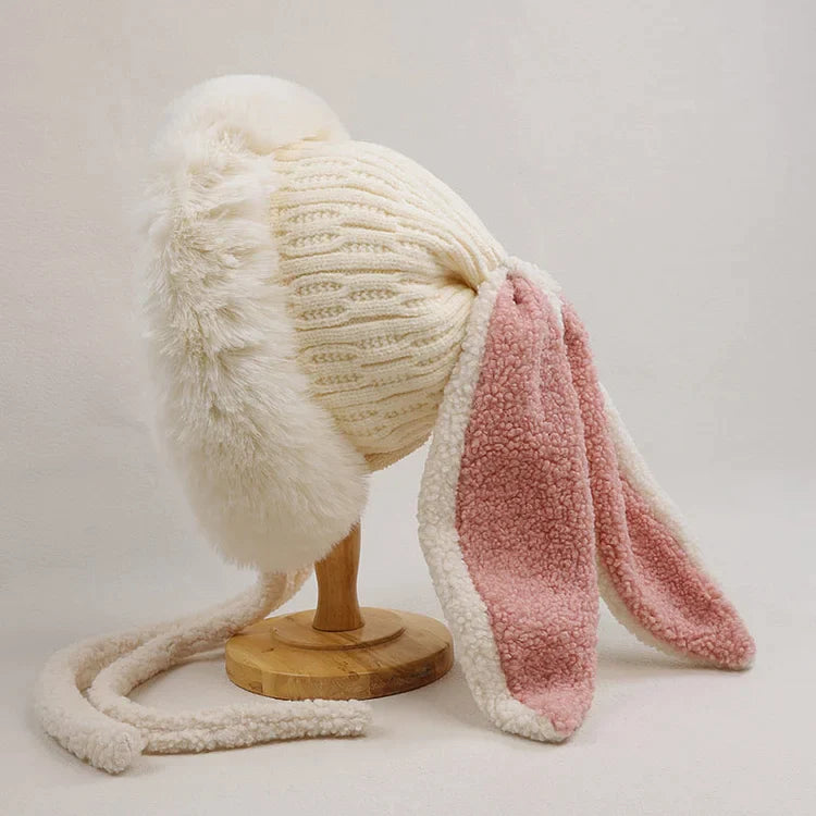 Winter Plush Knitted Beanie Hat Rabbit Ear Hats for Women Girls