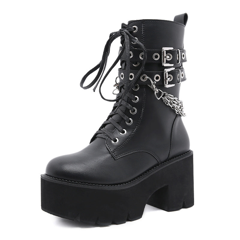 Women Metal Chain Buckle Strap Platform Boots ubekeen