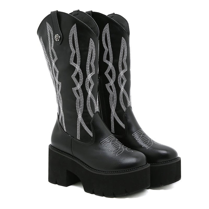Women Gothic Platform Embroidery Mid-Calf Boots