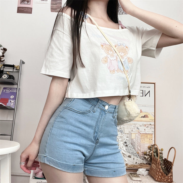 Cute Japanese Soft Girl Strapless Bow Bear Print T-shirt