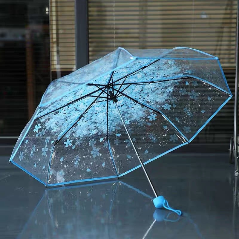 Three Fold Umbrella Transparent Clear Cherry Blossom Mushroom Sakura Folding Sunshade Rain Umbrellas