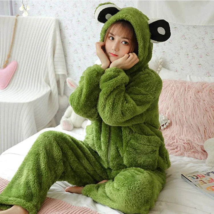 Cute Little Frog Coral Fleece Hooded Pajamas for Womens Girls