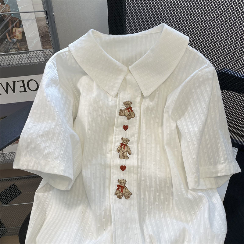 Single Breasted Bear Embroidery Floral Casual Shirts Blouses