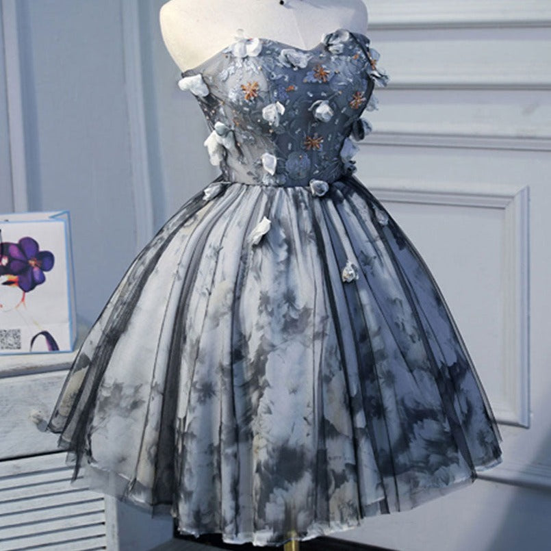 Black Lace Tulle Short Prom Dress 3D Flowers Cute Homecoming Dress