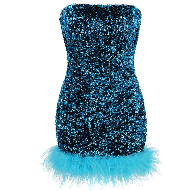 Women Sequin Bandeau Ostrich-Trim Prom Mini Dress