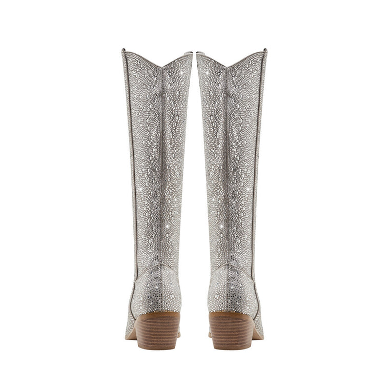 Women's Cowboy Rhinestone Boots Knee High Sparkly Prom Shoes