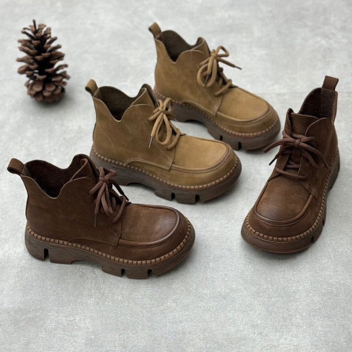 Women's Vintage Leather Lace-Up Boots – Soft Platform Short Ankle Shoes