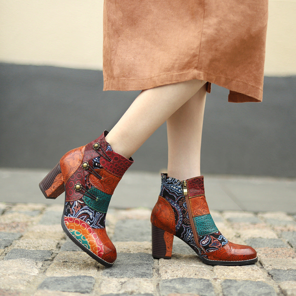 Women's Ankle Booties Genuine Leather Zipper Retro Pattern Boots