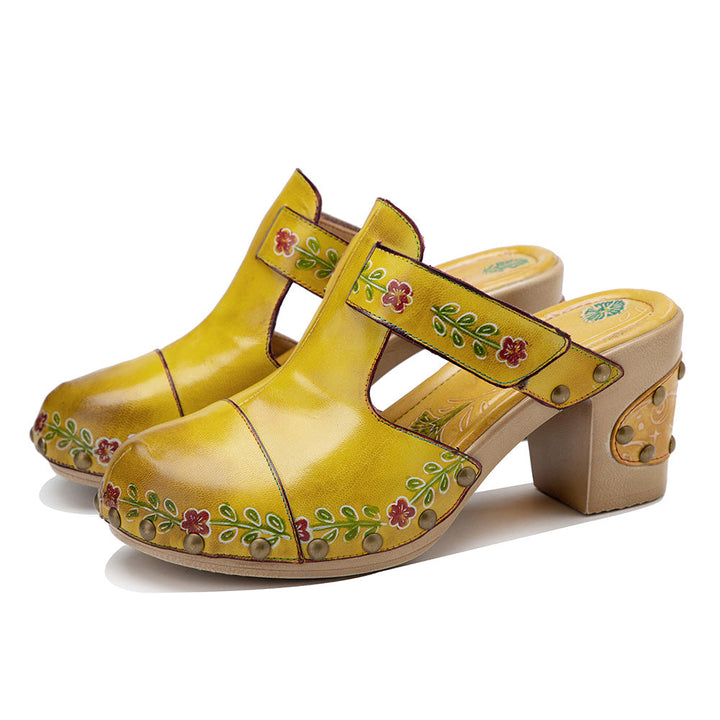 Boho Artisan Leather Mules for Women - Floral Printed Summer Sandals with Unique Studded Heel