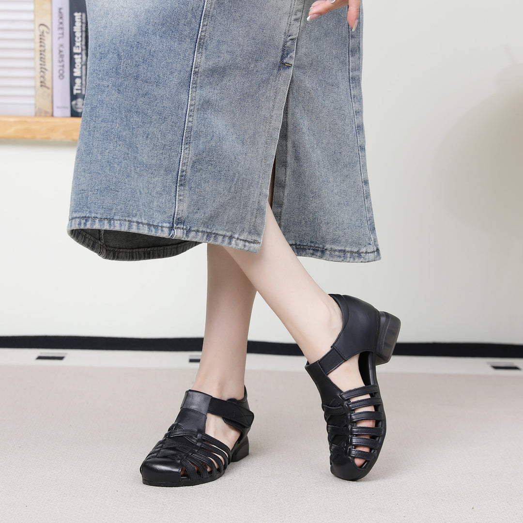 Women's Leather Fisherman Sandals - Vintage Interlocking Woven Closed Round Toe with Velcro