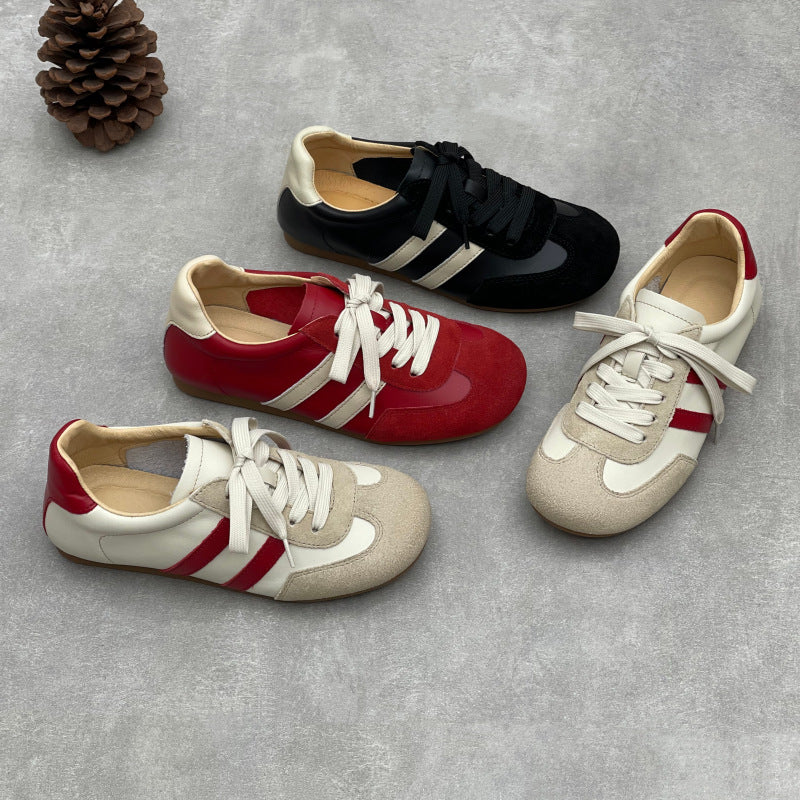 Women's Retro Leather Running Sneakers Vintage Lace-up Unlined Casual Trainer