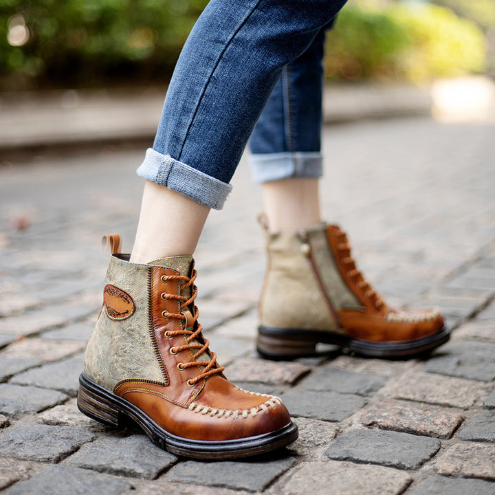 Women's Vintage Distressed Denim Sheepskin Ankle Boots Side Zipper Lace Up Combat Booties