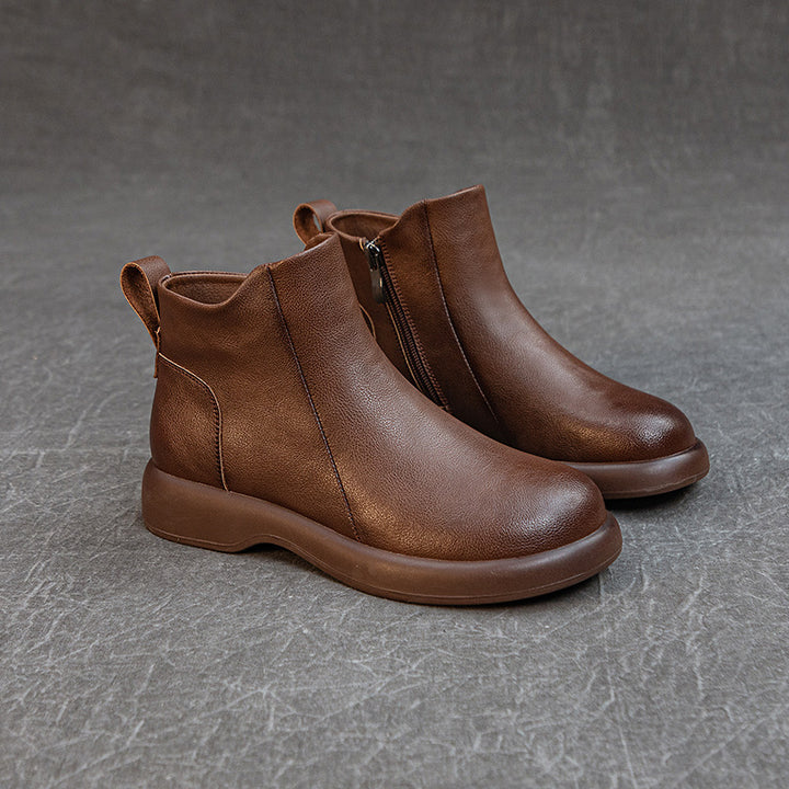 Women's Comfortable Leather Ankle Boots – Low Heel with Side Zipper