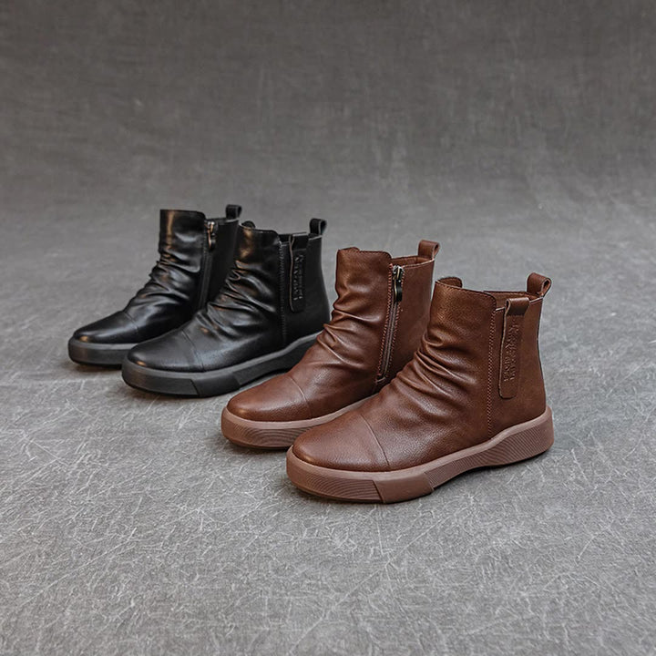 Comfortable Women's Flat Leather Boots – Casual Ruched Ankle Style