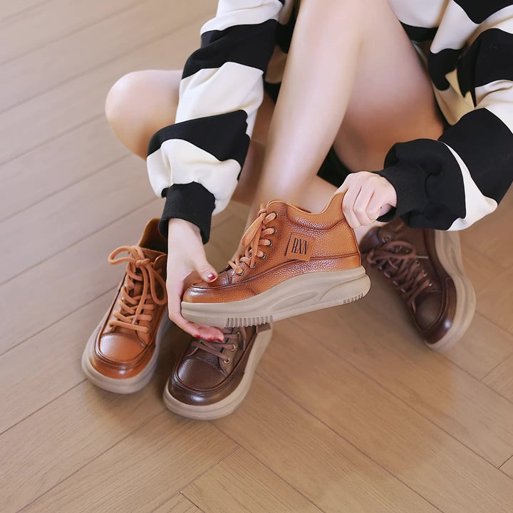 Women's Leather Lace-up Casual Platform Walking Shoes High-top Sneakers