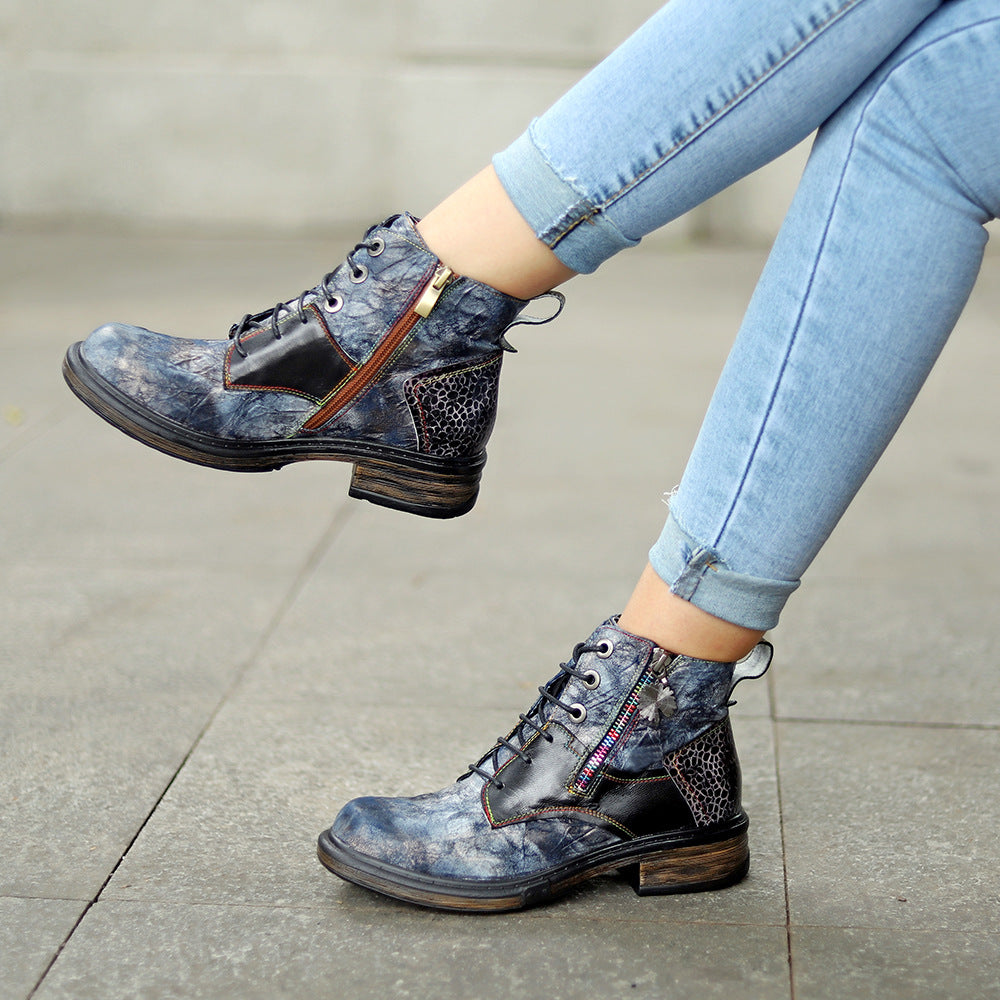 Floral Print Combat Boots for Women - Leather Lace-up Booties with Side Zipper