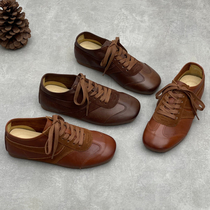 Women’s Vintage Distressed Leather Trainers – Retro Lace-Up Flats