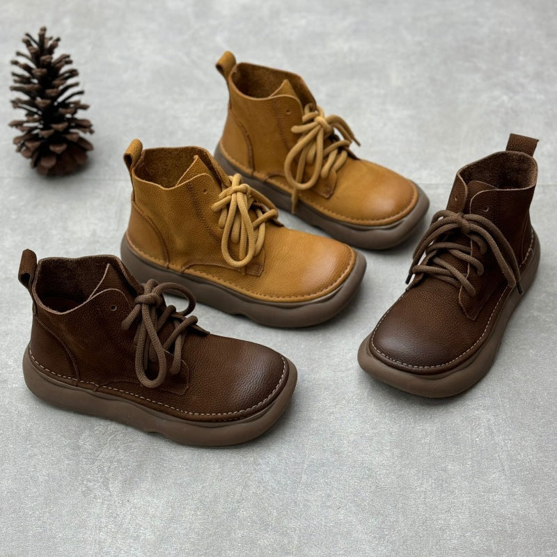 Retro Style Women's Soft Leather Ankle Boots – Platform Lace-Up Short Boots