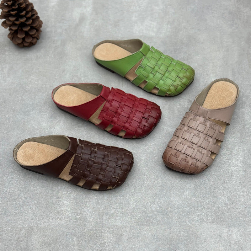 Women's Artisanal Square Toe Leather Woven Mules - Lightweight Unlined Flats