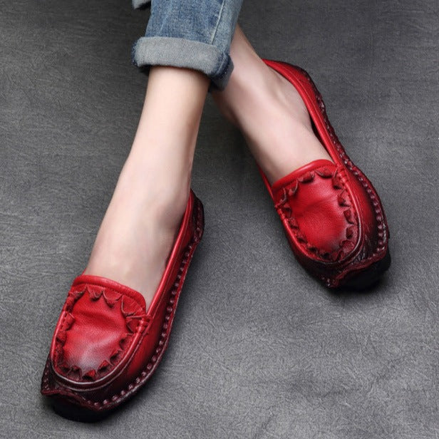 Womens Handmade Retro Leather Loafers Flat Shoes