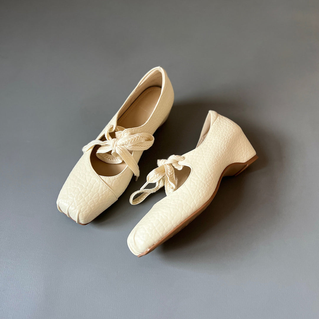 Women's Lychee Pattern Leather Ballet Flats - Square Toe Ribbon Lace-Up Mary Jane Pumps