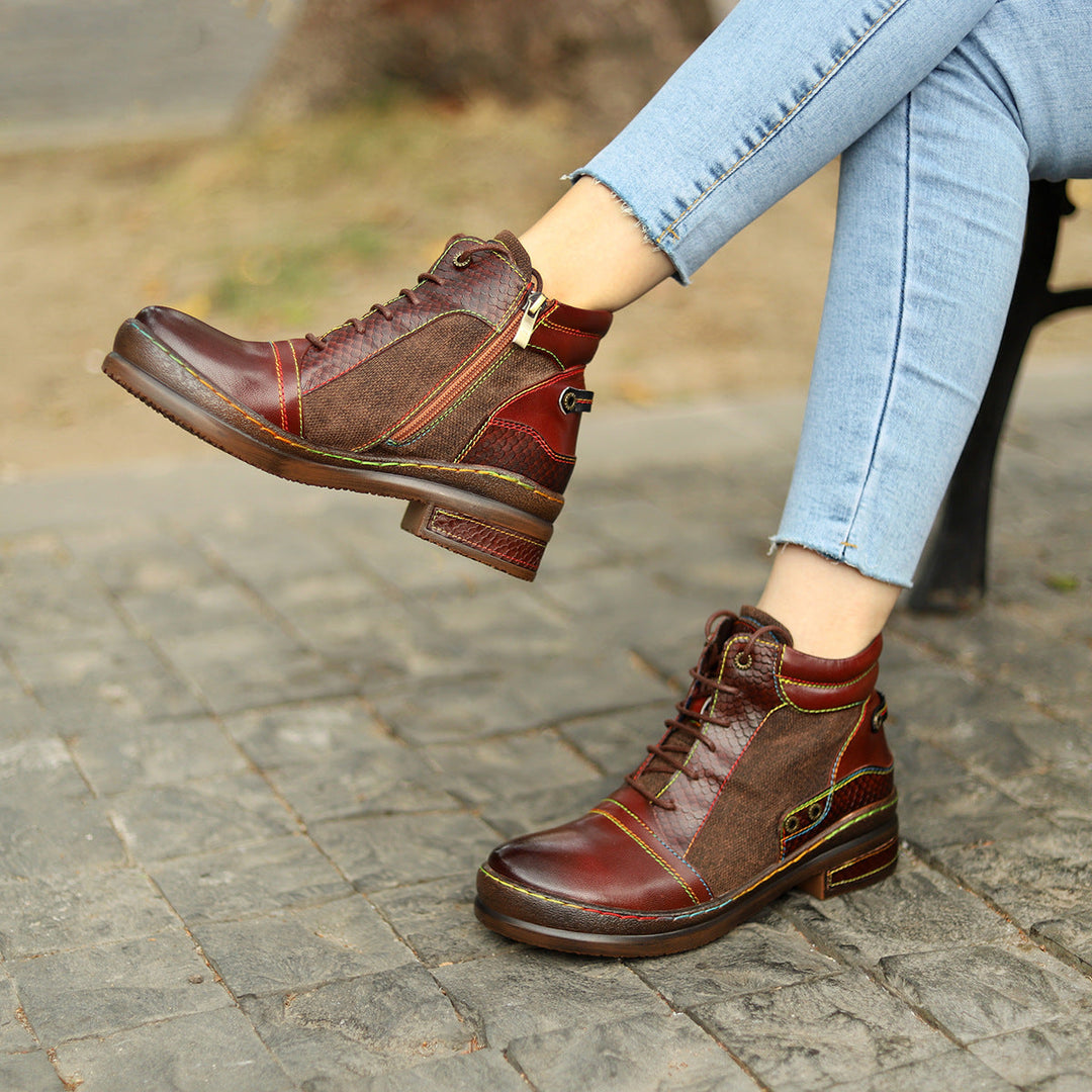 Women's Leather Ankle Boots - Contrast Stitching Flat Lace-up Zipper Boots