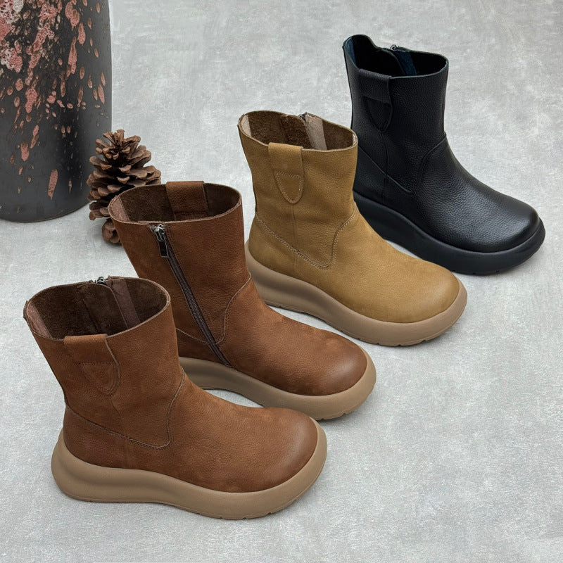 Women's Top-Grain Leather Mid Calf Boots Side Zipper Platform Casual Wedge Booties