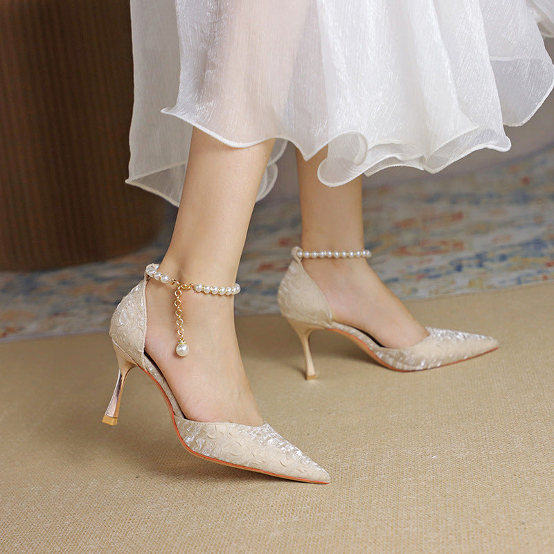 Women's Pearl Wedding Shoes for Bride High Heels Pointed Toe Satin Pumps