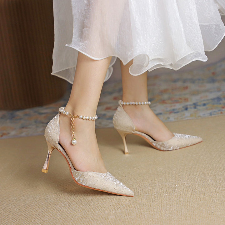 Women's Pearl Wedding Shoes for Bride High Heels Pointed Toe Satin Pumps