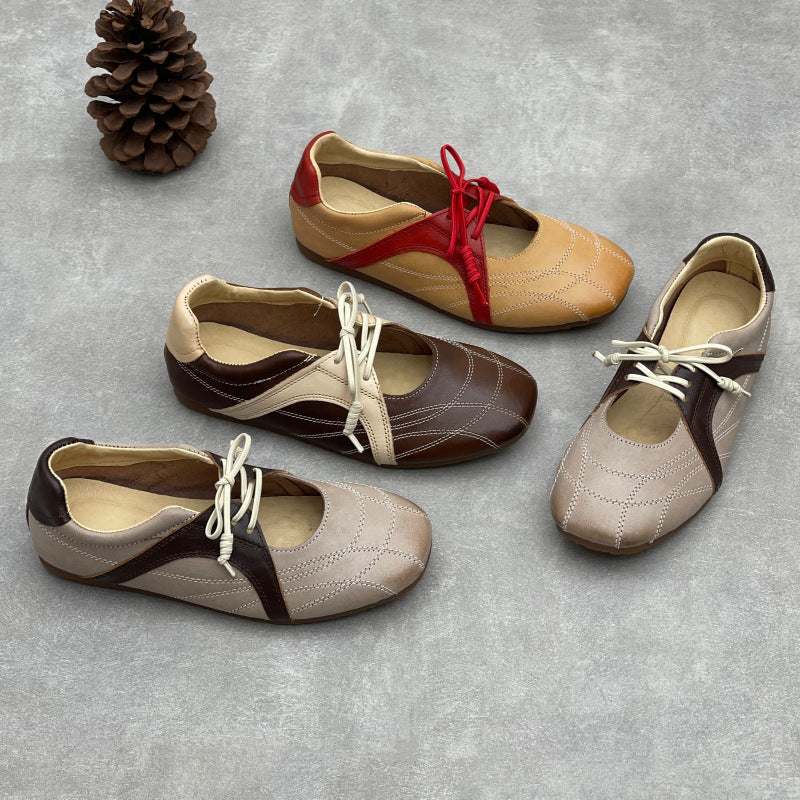 Womens Retro Leather Lace-up Mary Jane Flats Vintage Casual Walking Shoes