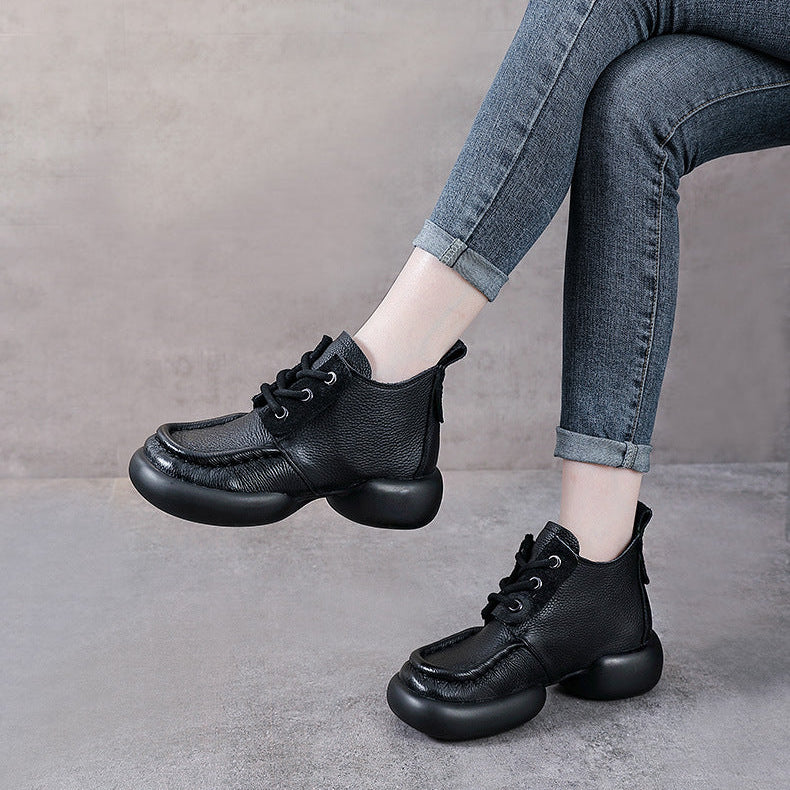 Women’s Soft Leather Lace-Up Ankle Boots – Thick Sole Casual Style