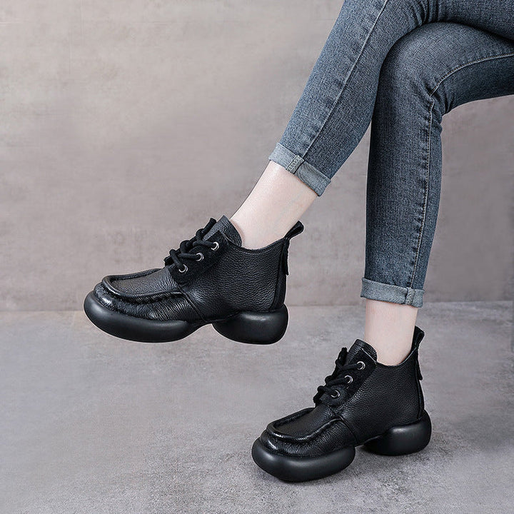 Women’s Soft Leather Lace-Up Ankle Boots – Thick Sole Casual Style