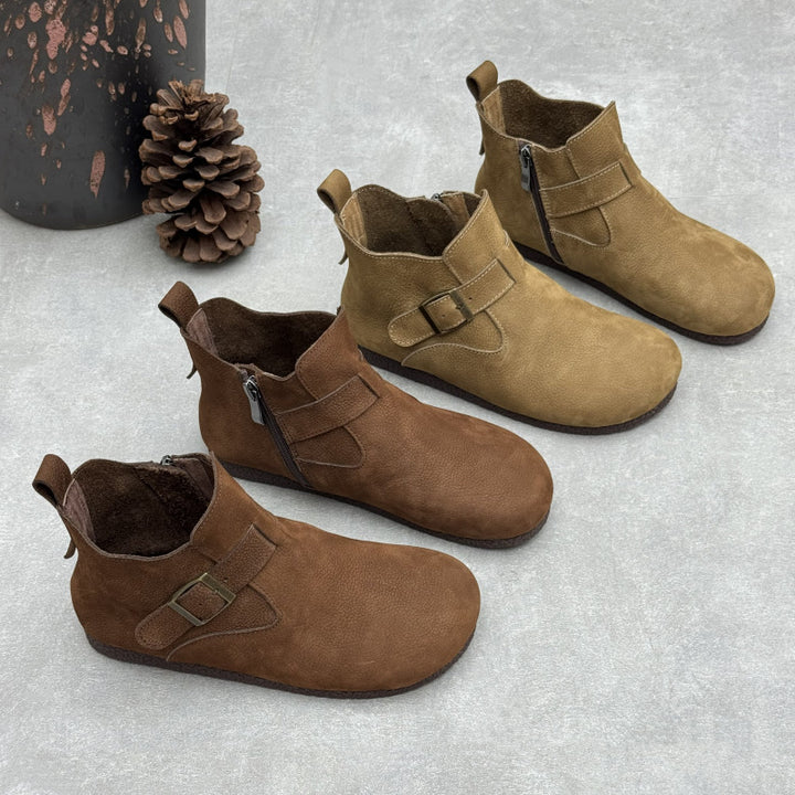 Women's Vintage Top-Grain Leather Ankle Boots Slip On Buckle Strap Flat Booties