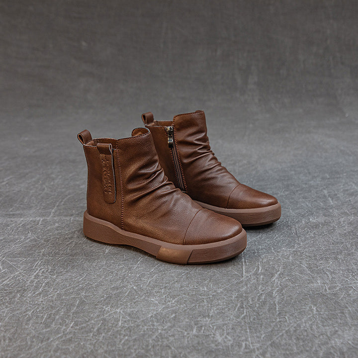 Comfortable Women's Flat Leather Boots – Casual Ruched Ankle Style
