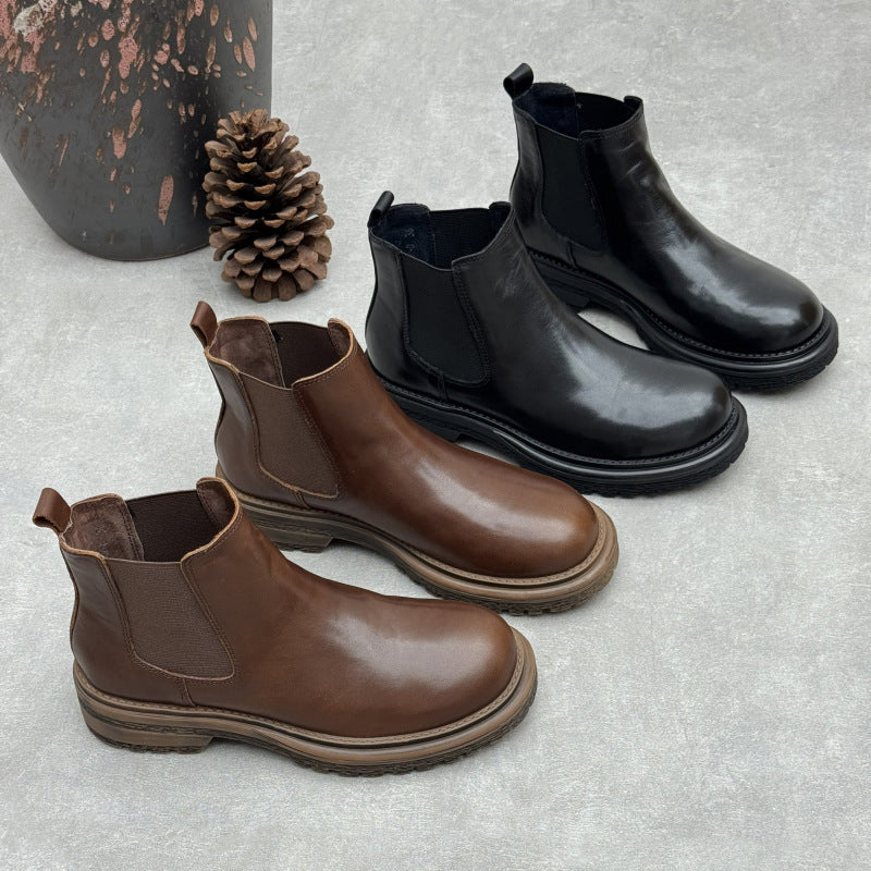 Women's Washed Leather Chelsea Ankle Boots Slip On Low Platform Heel Booties