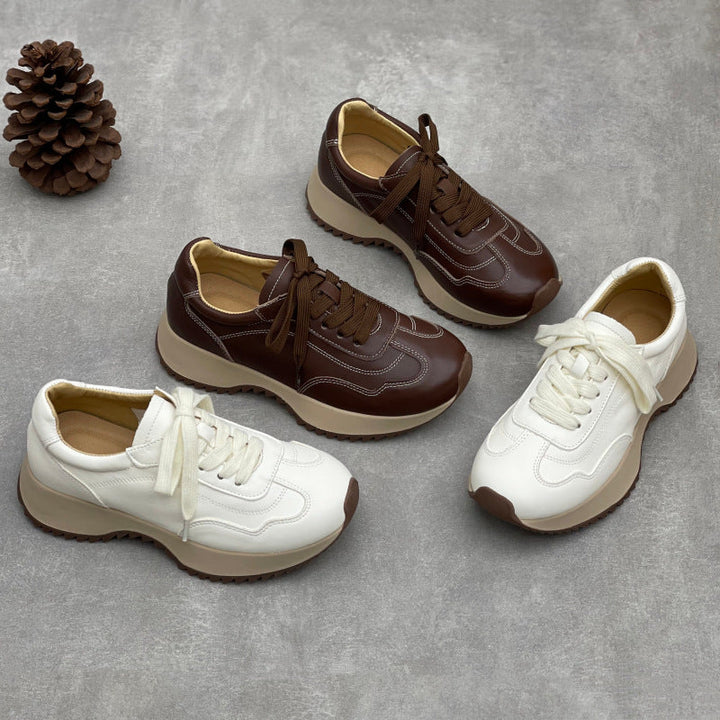 Women’s Retro Leather Chunky Dad Trainers – Round Toe Lace-Up Casual Sneakers