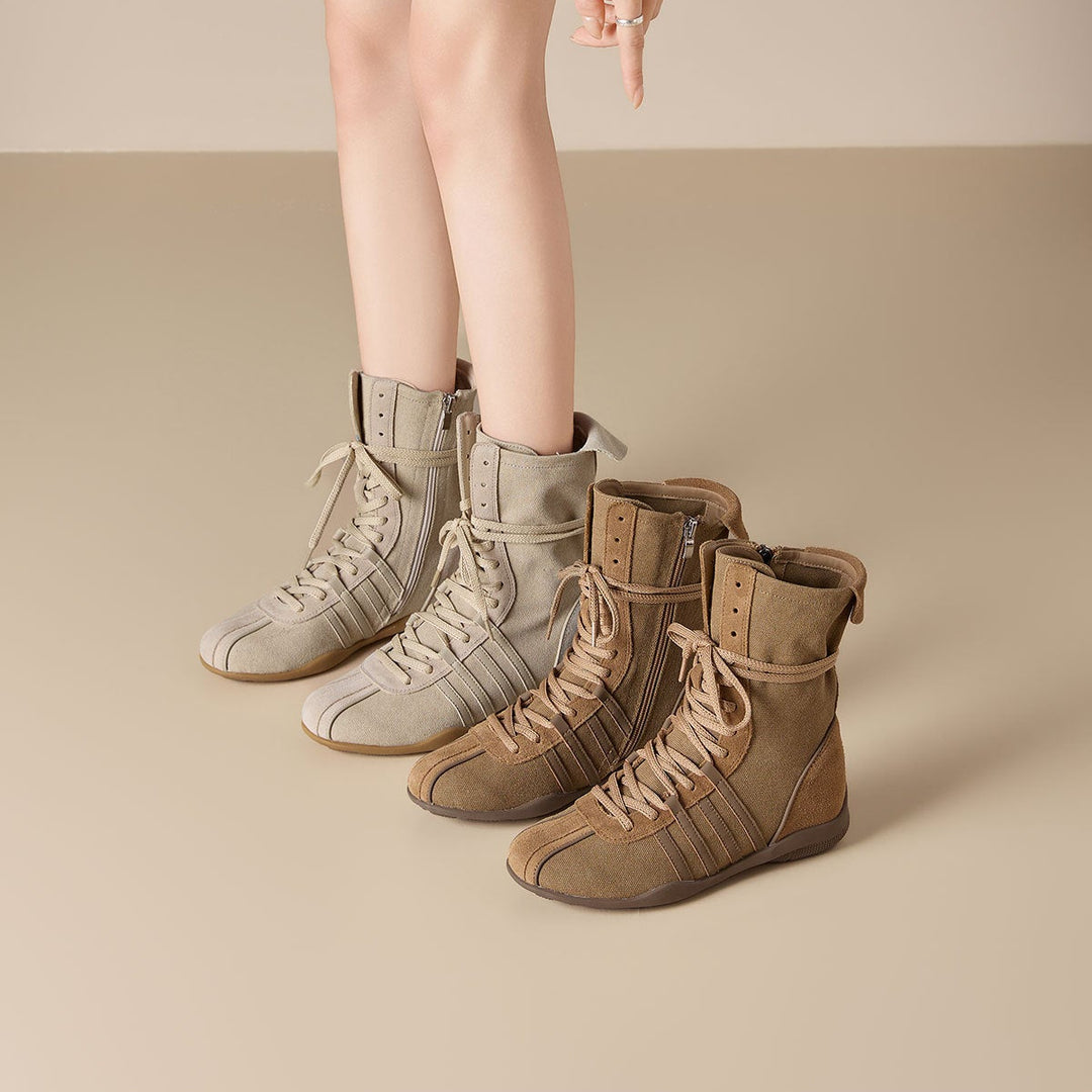 Women's Cow Suede Canvas High Top Sneakers Hidden Wedge Heel Ankle Booties