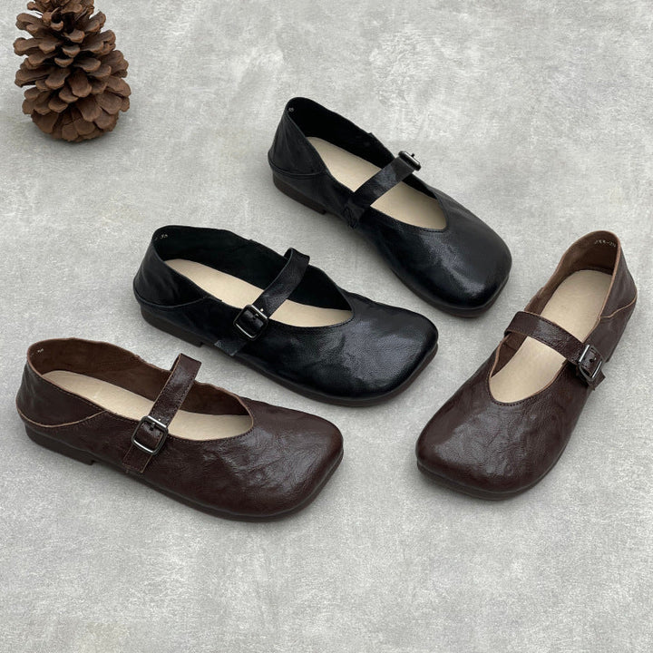 Women’s Handmade Sheepskin Mary Jane Flats – Square Toe V-Cut Comfortable Shoes