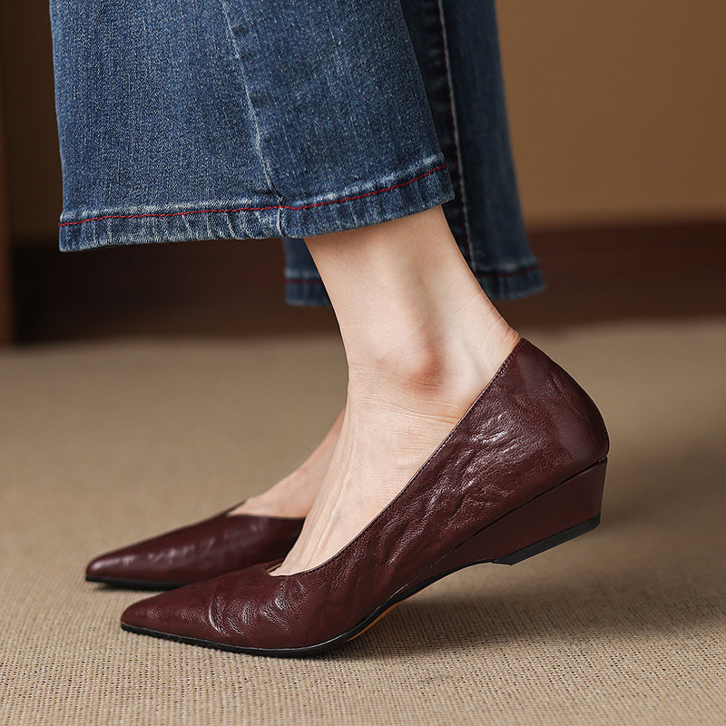 Women's Sheepskin Pumps - Office Elegance Pointed Toe Wedge Heel
