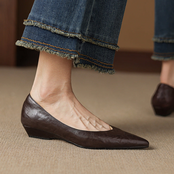 Women's Sheepskin Pumps - Office Elegance Pointed Toe Wedge Heel