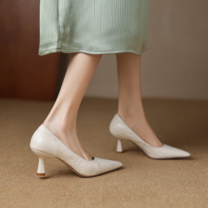 Womens Handmade Sheepskin Pointed Toe Kitten Heel Pumps