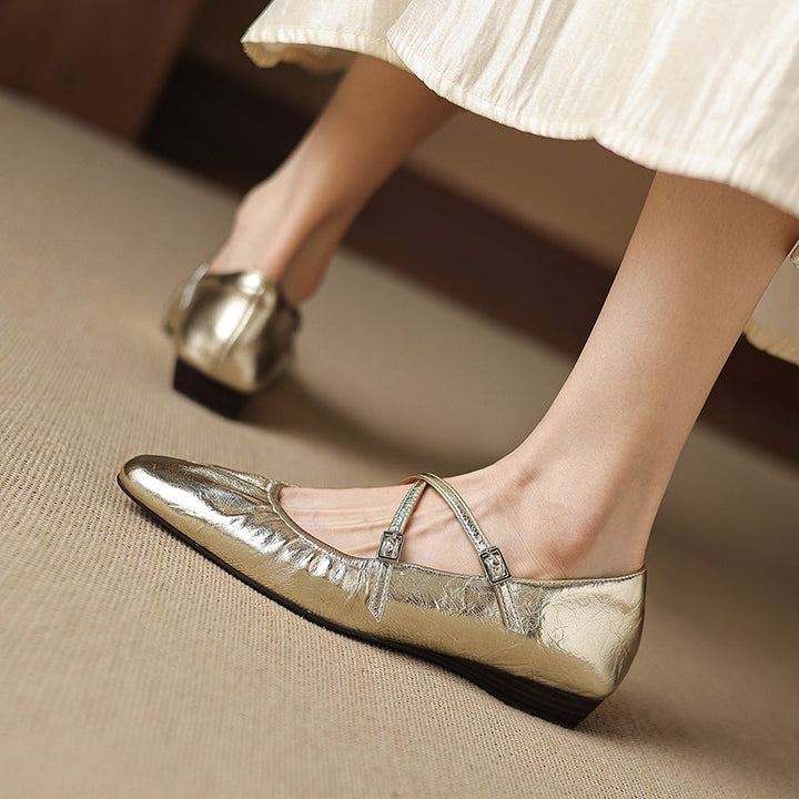 Women's Handmade Soft Lambskin Ballet Flats with Pleated Toe - Elegant Cross-Strap Mary Janes
