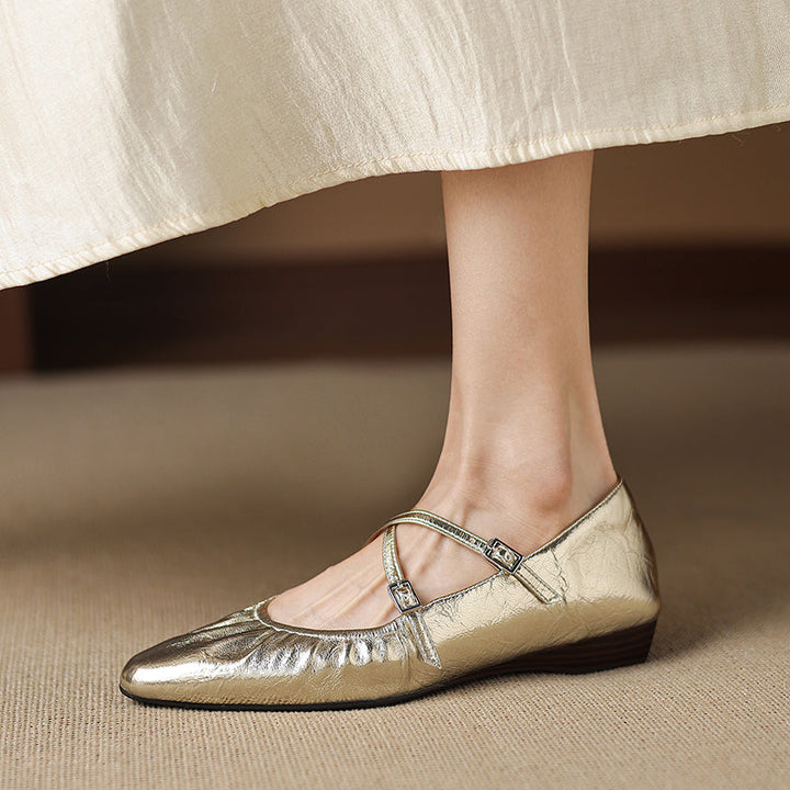 Women's Handmade Soft Lambskin Ballet Flats with Pleated Toe - Elegant Cross-Strap Mary Janes